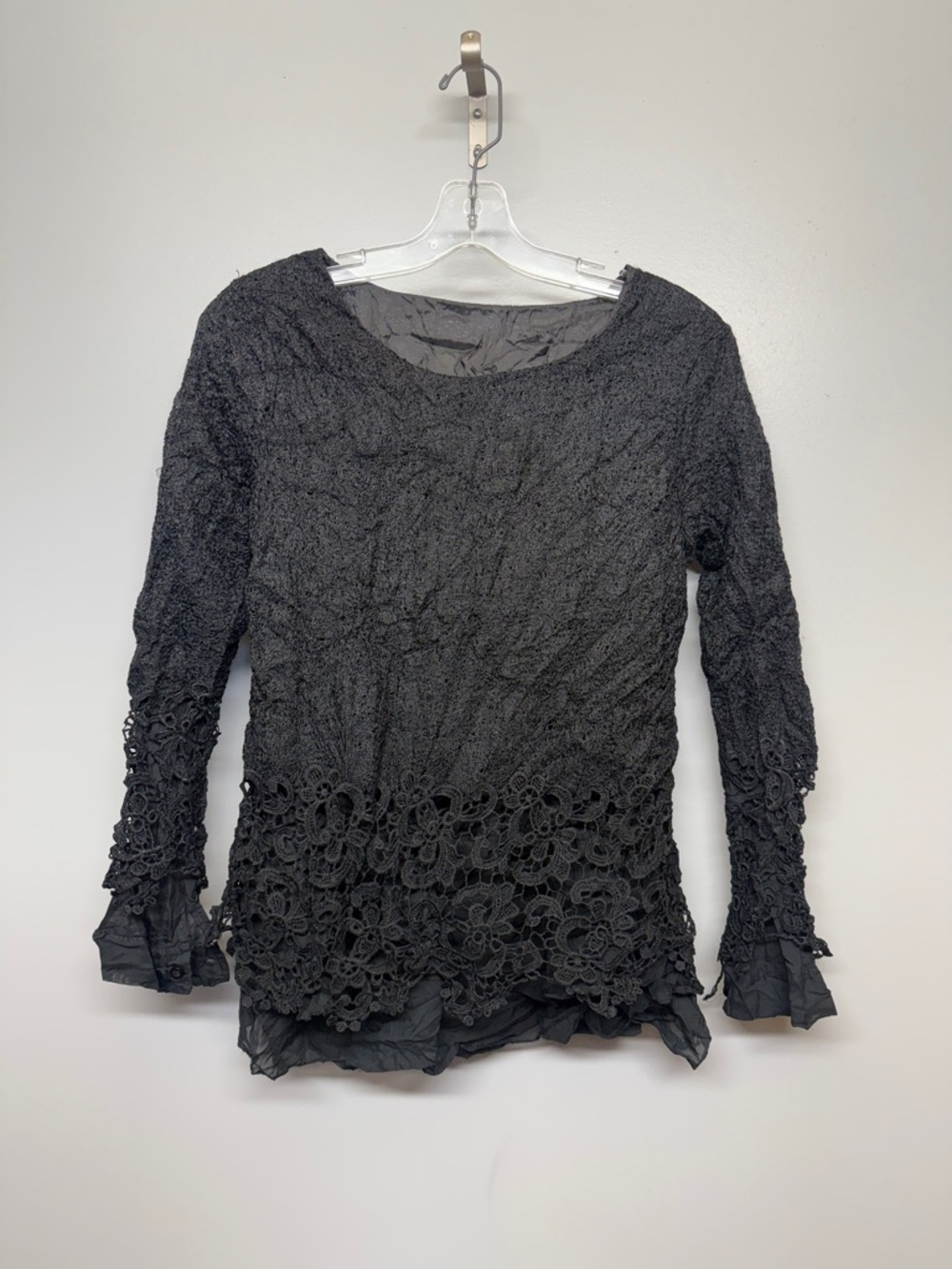 Black Textured Lace Trim Gothic Whimsical Dark Lace Long Sleeve Top